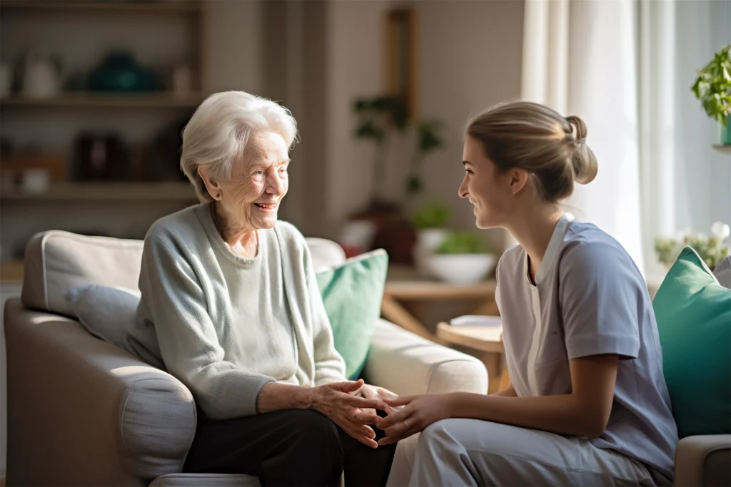 Caregiver providing in-home dementia care support to senior woman in Texas living room