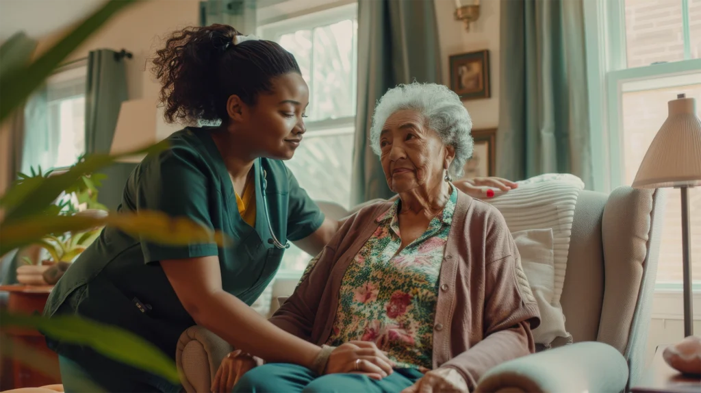 Home health aide assisting a senior with transfers while providing respite care at home in Texas