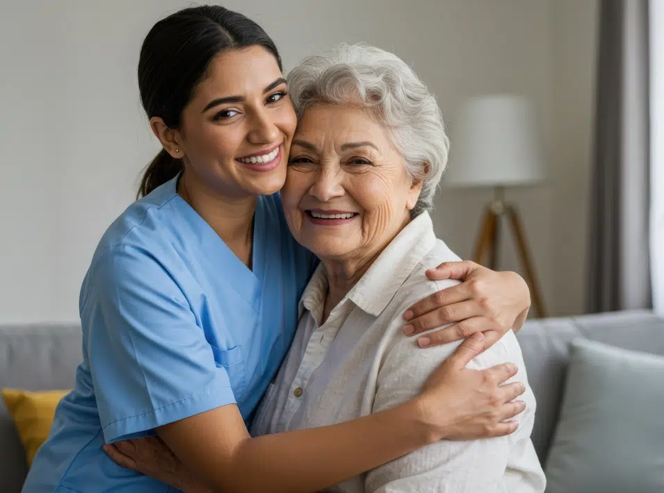In-home care aide hugging a senior at home while providing companion care in Texas