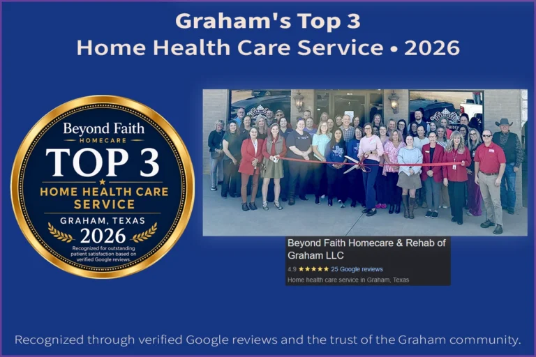 Beyond Faith Homecare & Rehab of Graham recognized among Graham's Top 3 Home Health Care Services for 2026 based on verified Google reviews, featuring the award badge, Graham team, and Google Business Profile.