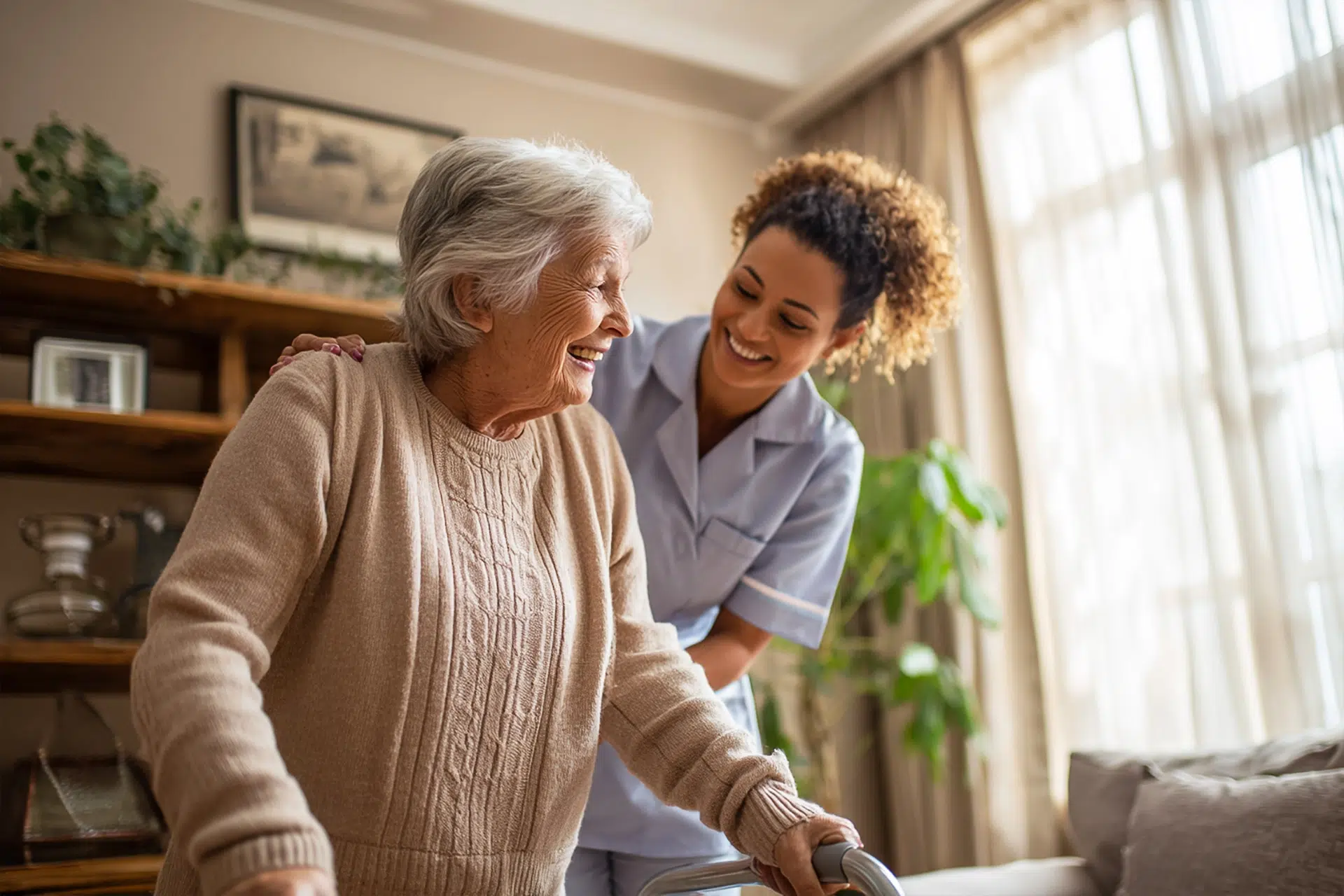 Caregiver supporting an elderly woman using a walker during compassionate in-home care in Texas.