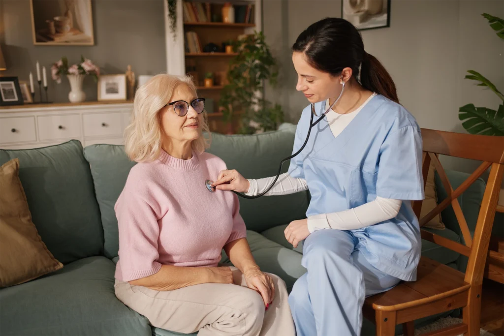 Skilled home health nurse providing in-home medical assessment for senior patient in Weatherford, Texas